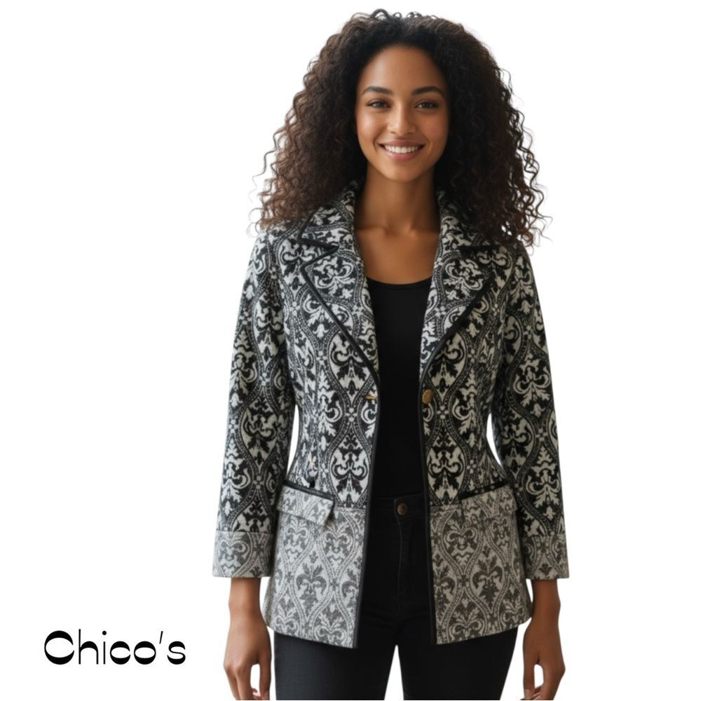 Chico’s Black  Light Gray Beaded Sequined Jacket Size 8P Coastal Grandma
